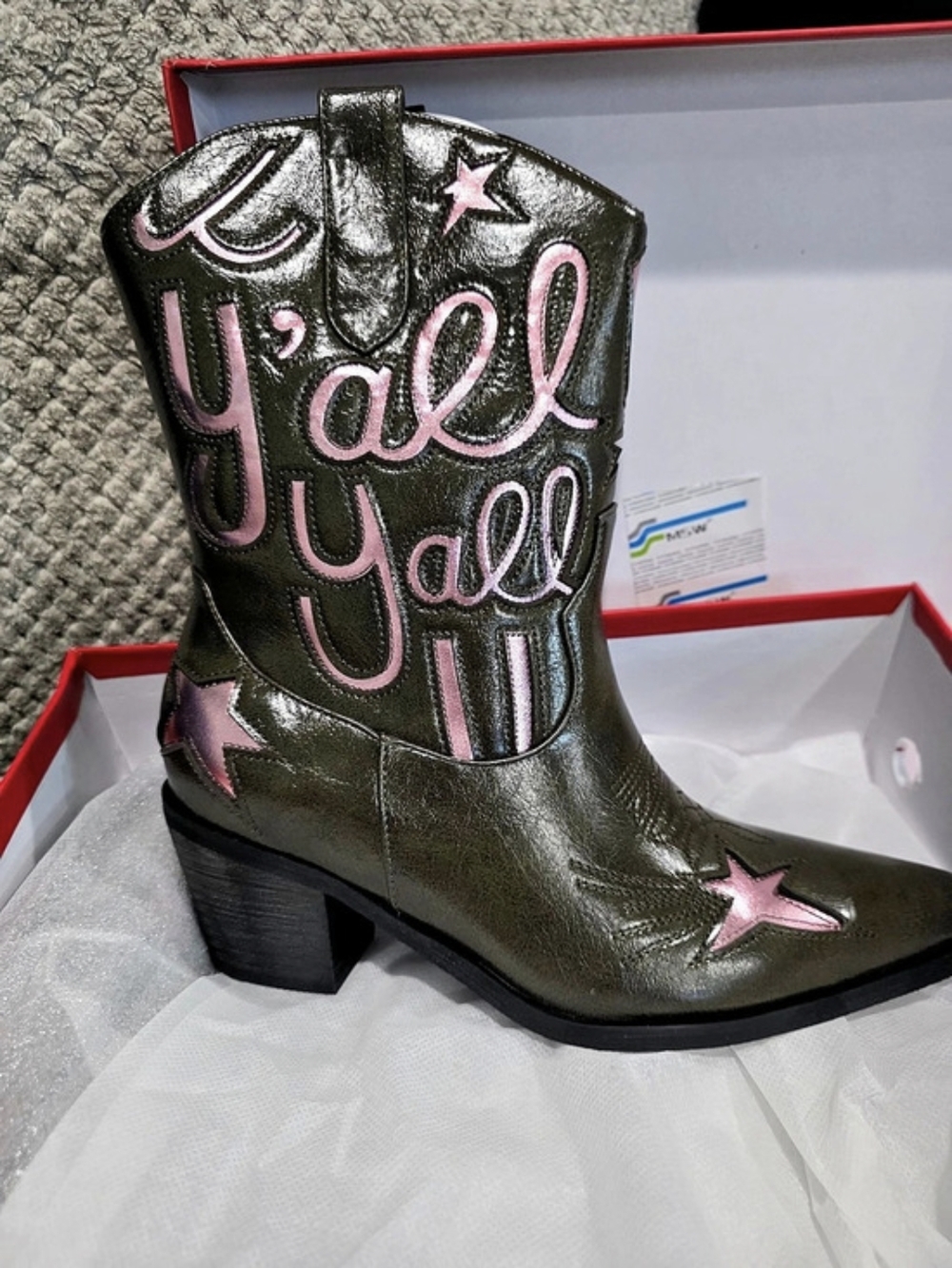 ShoFindy Cowboy Ankle Boots With Stars Embroidery Green & Pink NWT